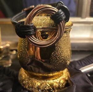 Black Leather Bracelet with Sculptural Gold-Tone Ring | Victorian Inspired